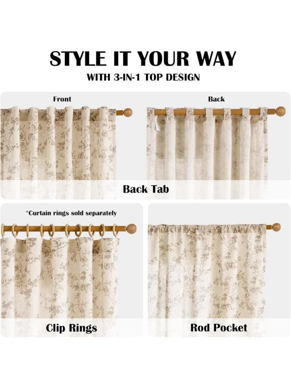 90 Inch Taupe Floral Linen Curtains - Vintage Light Filtering Drapes, 2 Panels